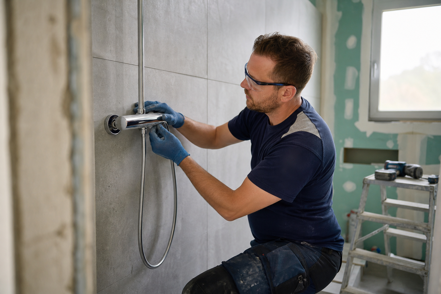 Fachperson montiert eine Duscharmatur während der Badmodernisierung