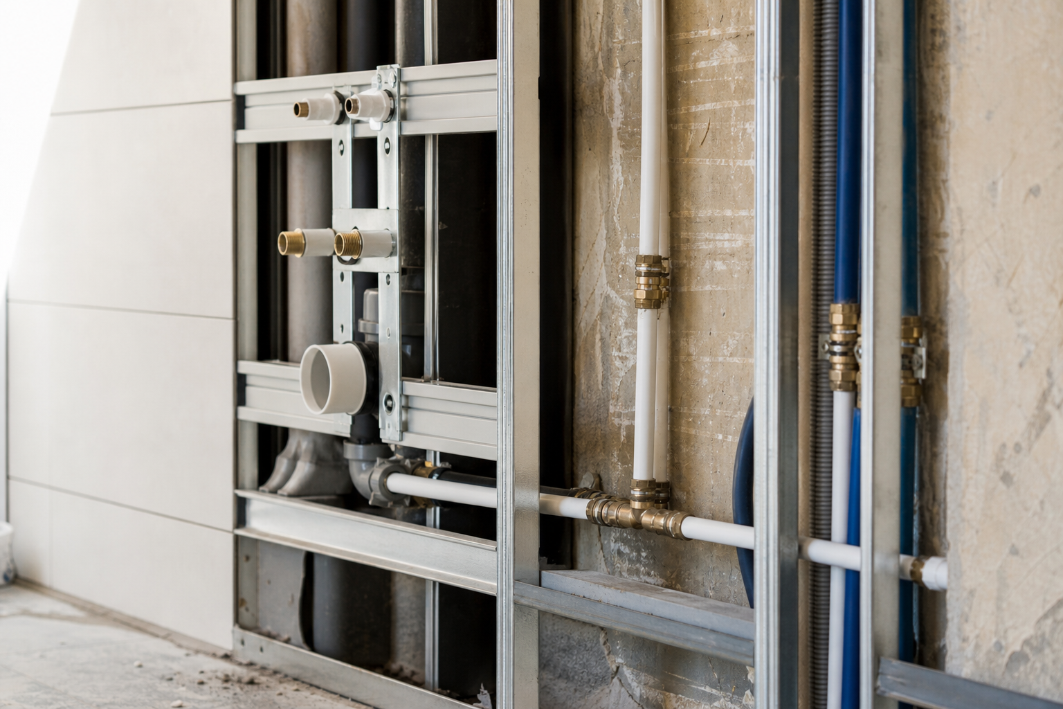 Vorwandinstallation mit Wasser- und Abwasserleitungen während des Badumbaus
