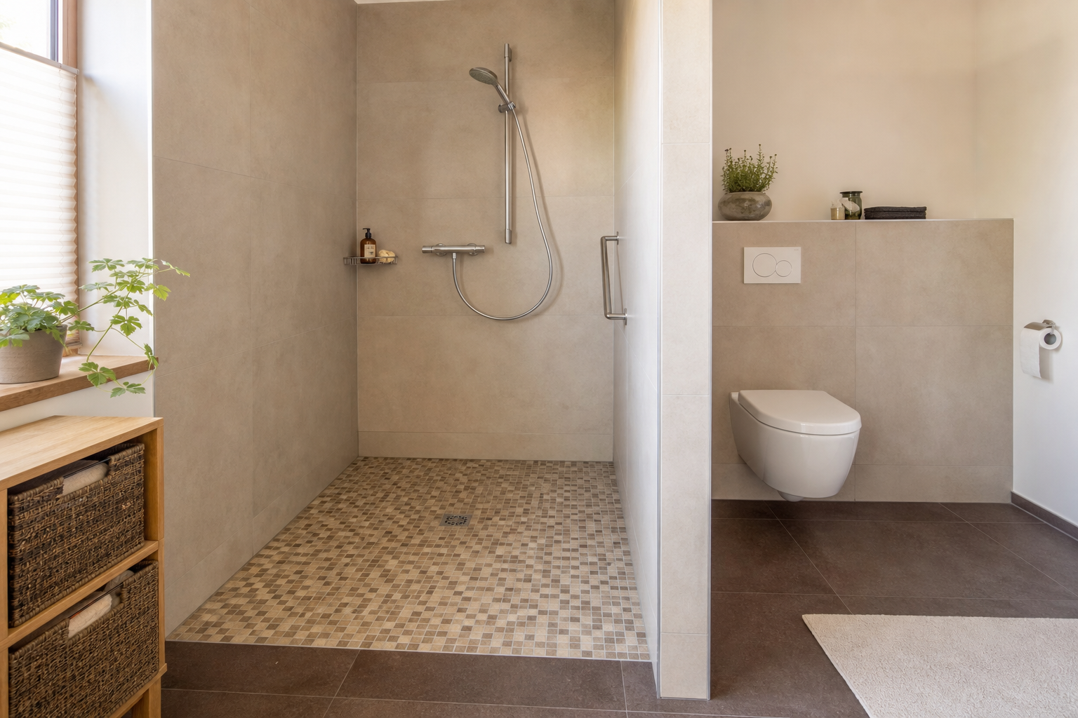 Modernes Bad mit schwellenarmer Dusche und komfortabler Bewegungsfläche