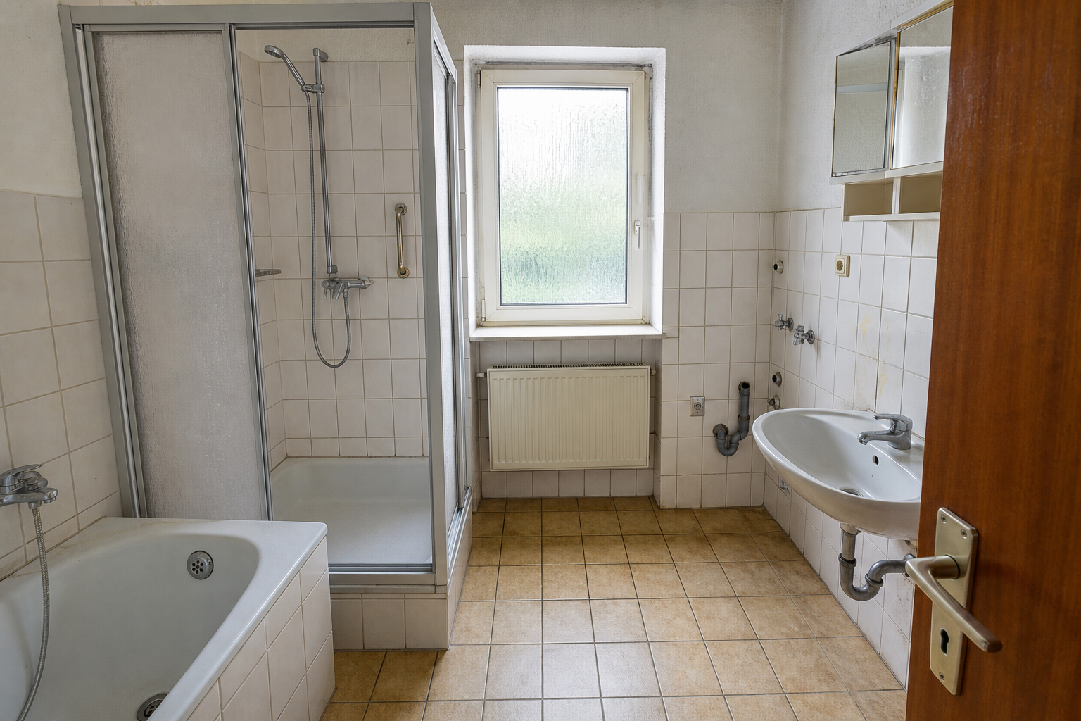 Bestehendes Badezimmer mit sichtbaren Anschlüssen und baulichen Voraussetzungen