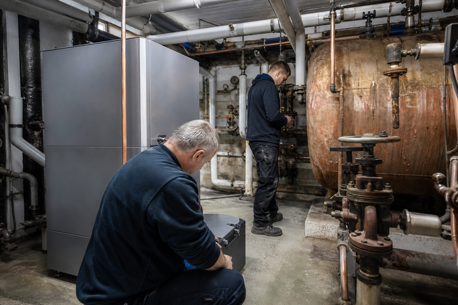 Fachhandwerker modernisieren eine bestehende Heizzentrale für die Fernwärmeeinbindung