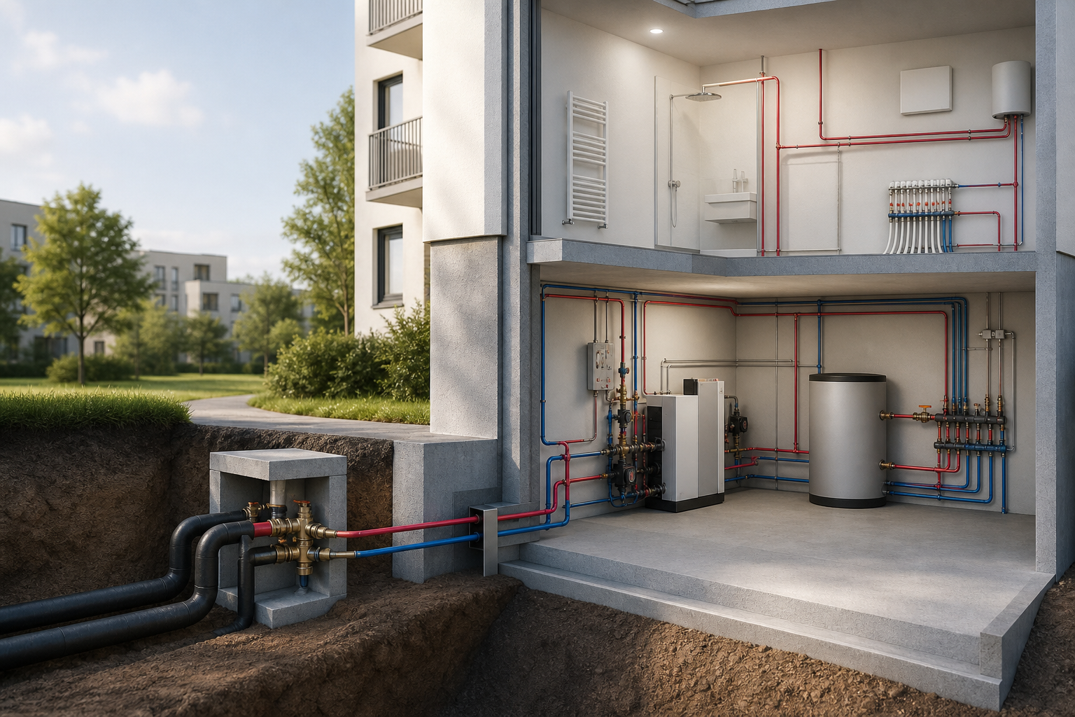 Schematische Darstellung des Wegs von der Fernwärmeleitung zur Wärmeversorgung im Gebäude