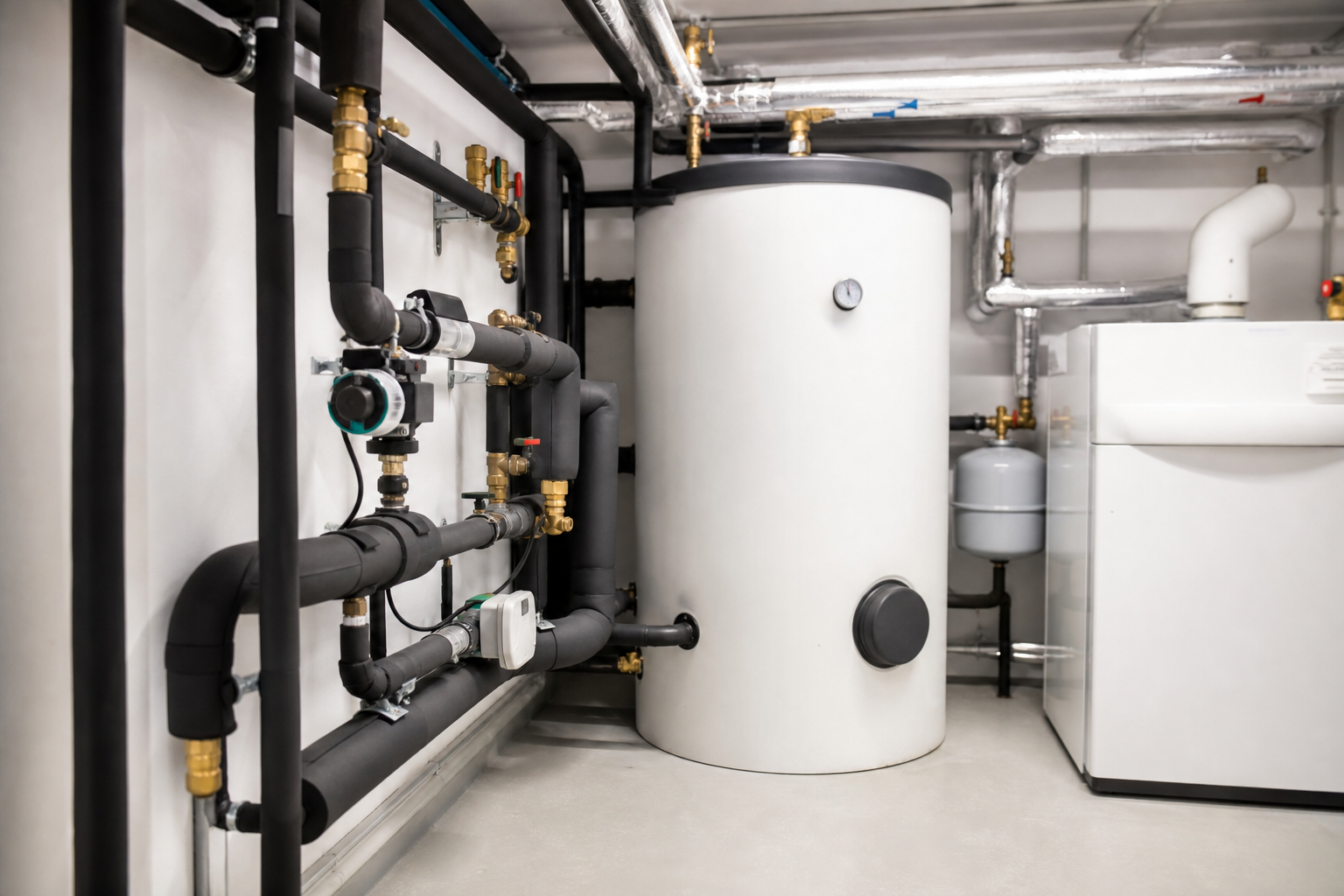 Warmwassertechnik mit Speicher und Leitungen in einer Heizzentrale