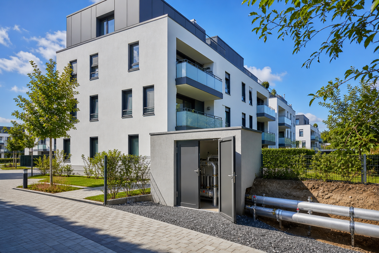 Modernes Mehrfamilienhaus als Beispiel für eine gebäudeseitige Fernwärmeversorgung