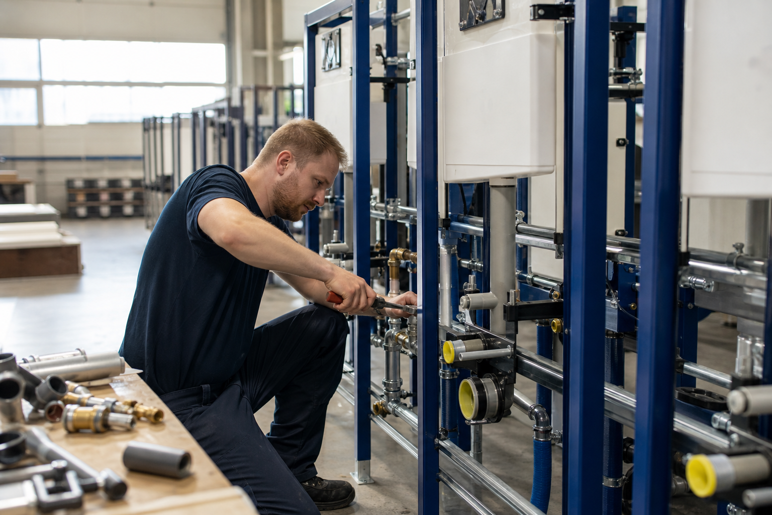 Vorgefertigte sanitäre Installationsstränge und Vorwandelemente in einer Werkhalle