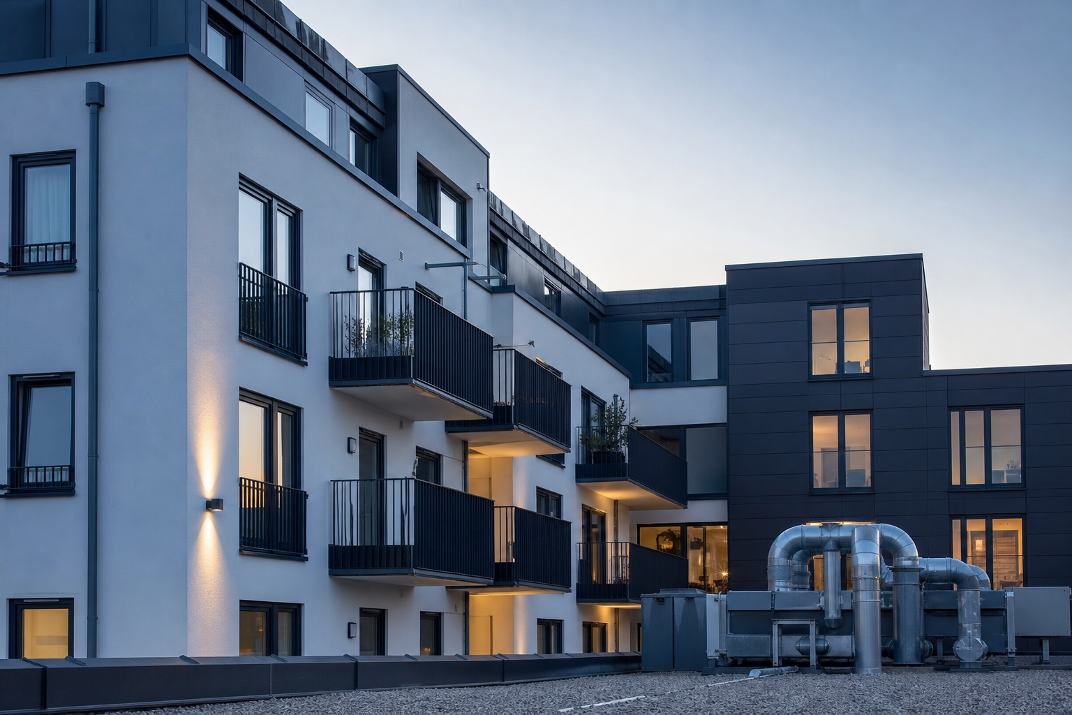 Modernes Mehrfamilienhaus als Beispiel für ein technisch ausgestattetes Gebäude