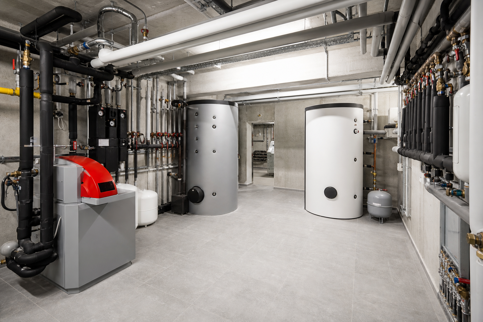 Übersichtliche Technikzentrale mit Speichern, Verteilern und Wartungsflächen