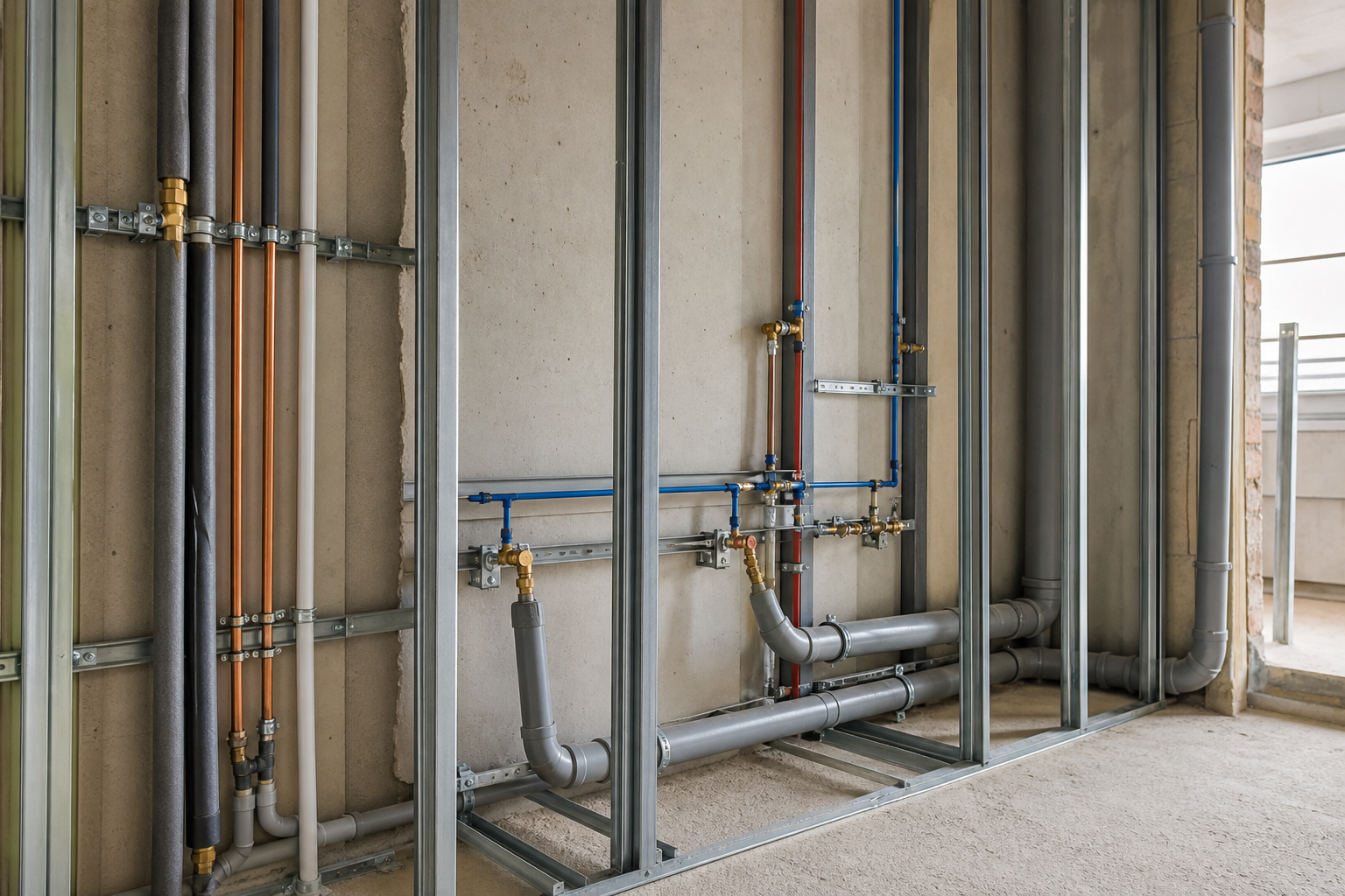 Vorbereitete sanitäre Installationswand mit Leitungen für Wasser und Entwässerung