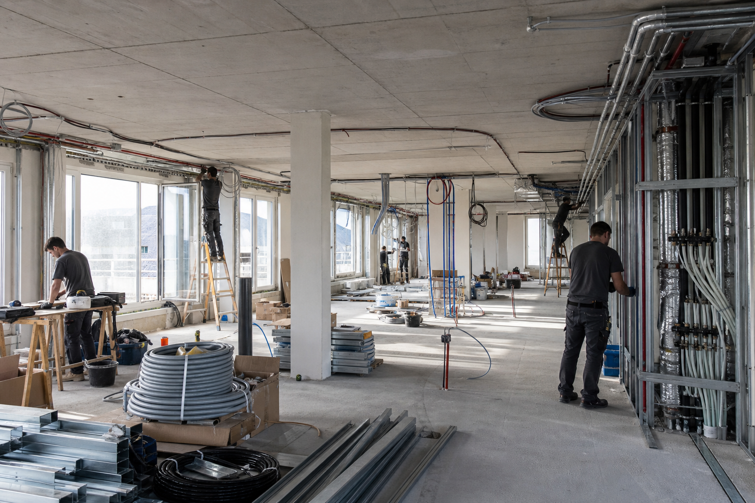 TGA-Montage auf einer größeren Wohnungsbaustelle mit vorbereiteten Installationsbereichen