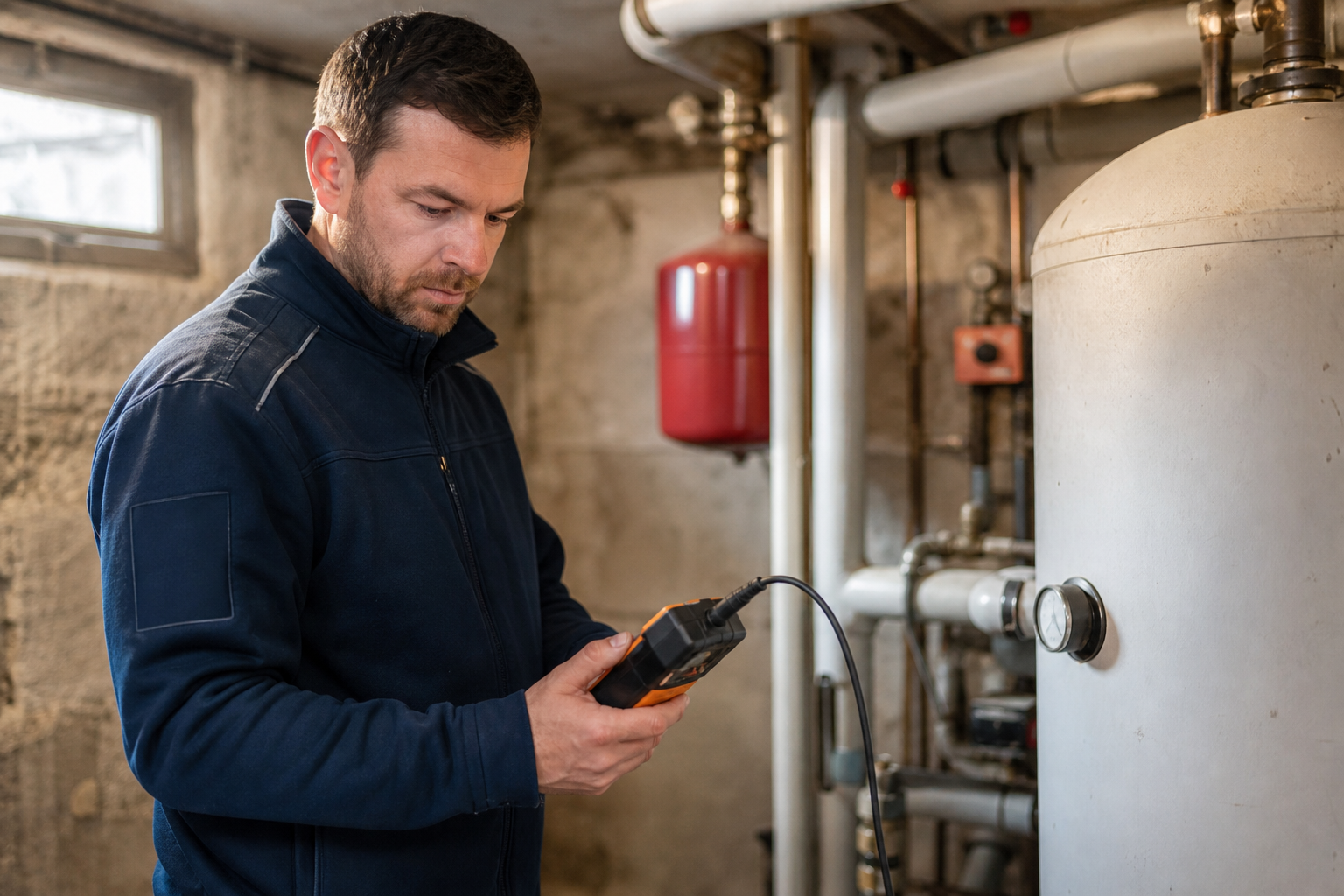 Techniker prüft eine bestehende Heizungsanlage im Keller