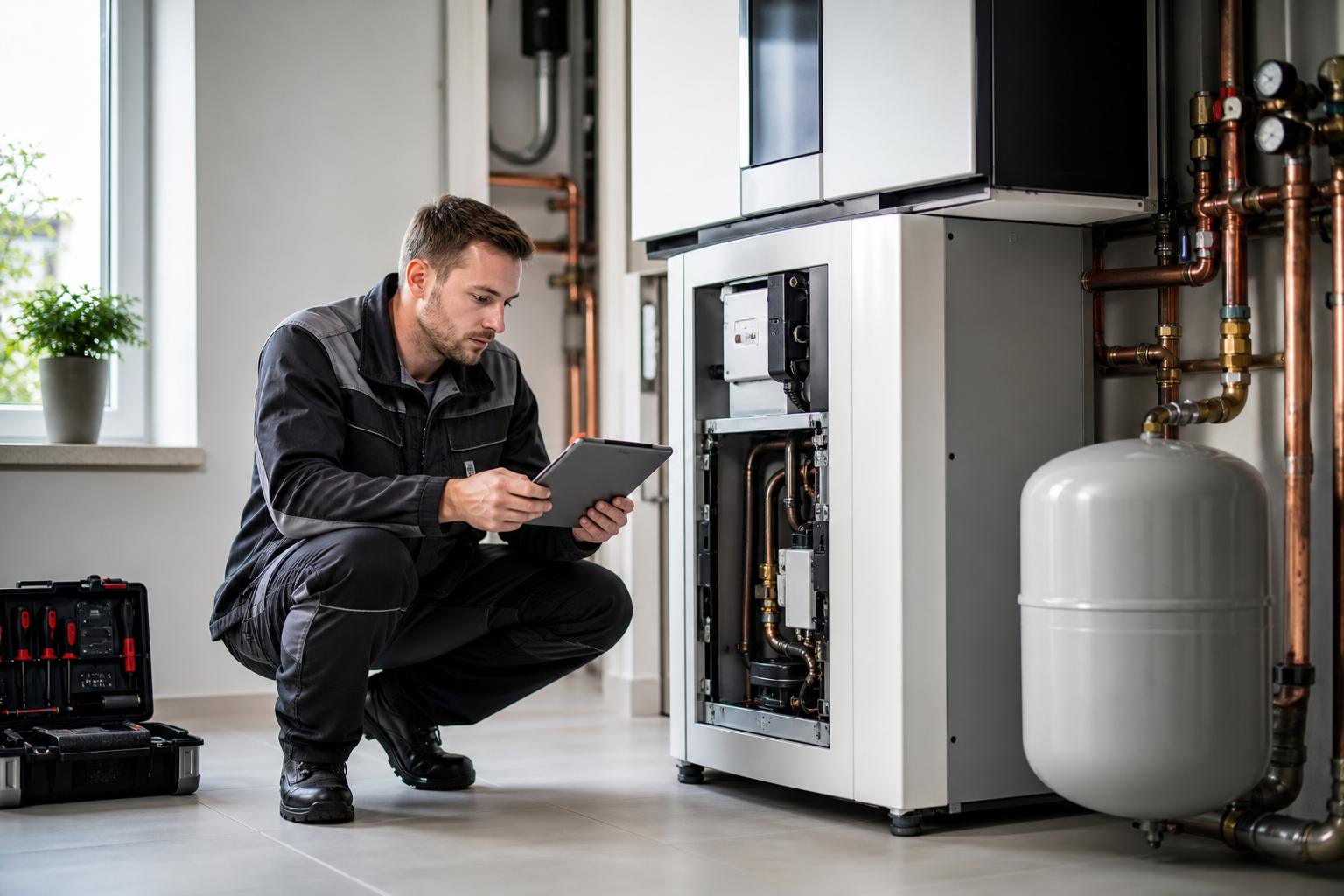 Servicetechniker kontrolliert eine Heizungsanlage