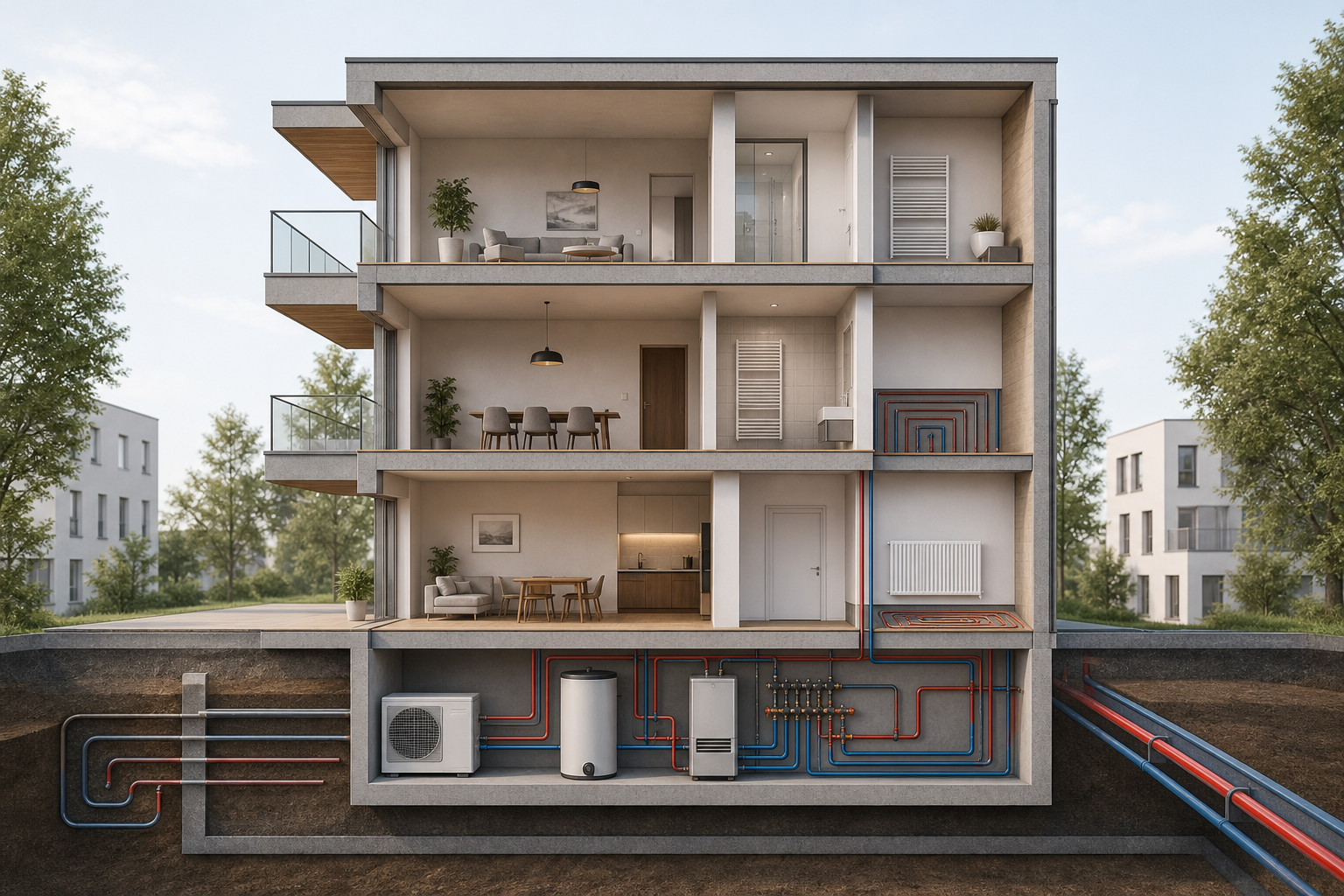 Schematische Darstellung verschiedener Möglichkeiten zur Wärmeversorgung eines Gebäudes