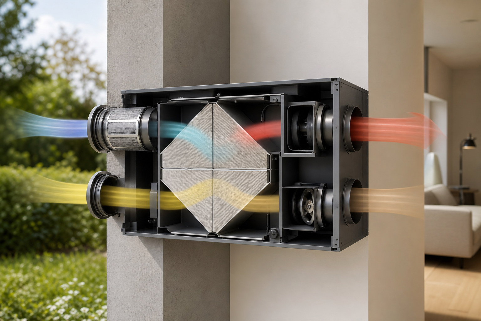 Technische Darstellung von Außenluft, Abluft, Filterung und Wärmerückgewinnung