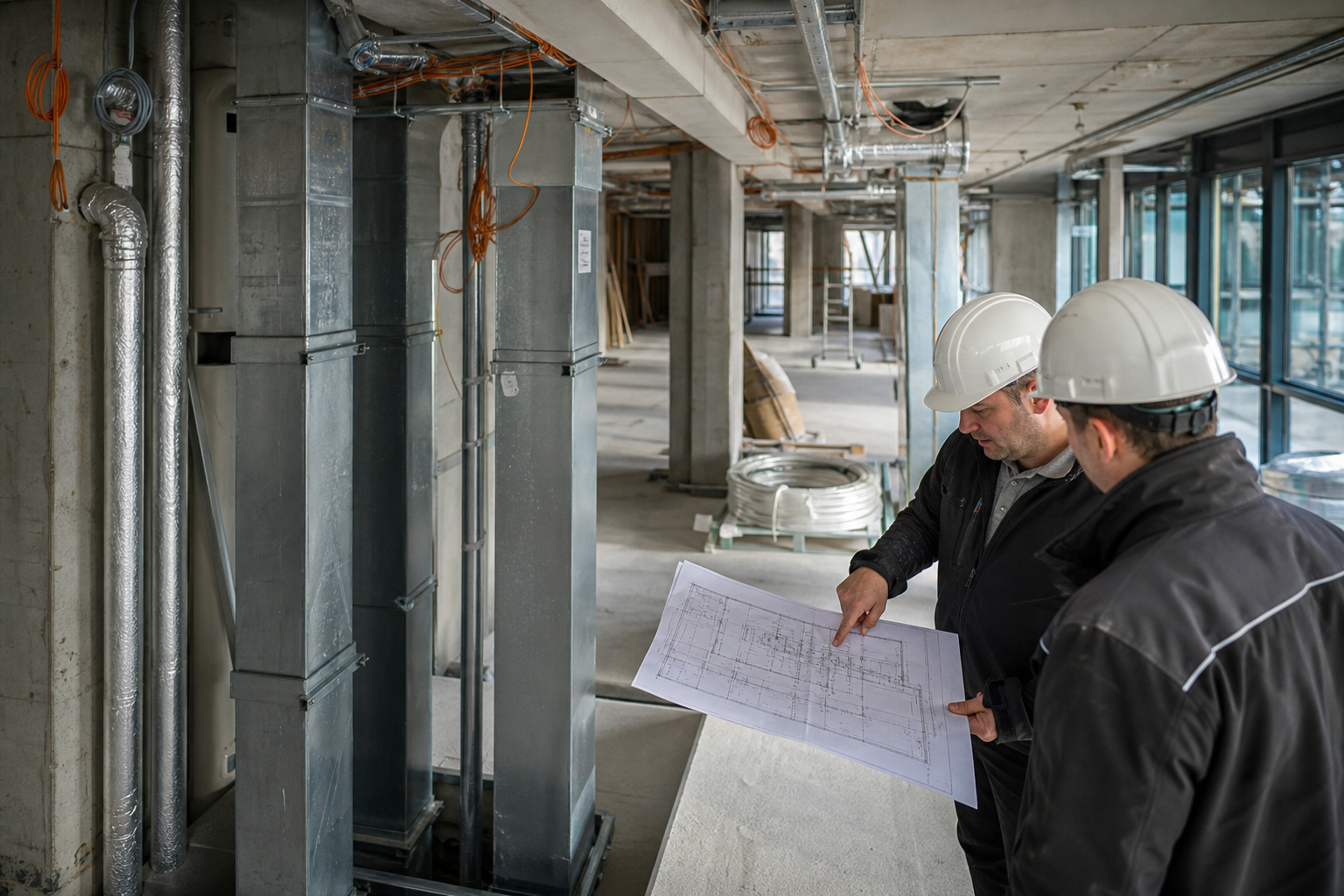 Lüftungsinstallation und technische Koordination auf einer Wohnungsbaustelle