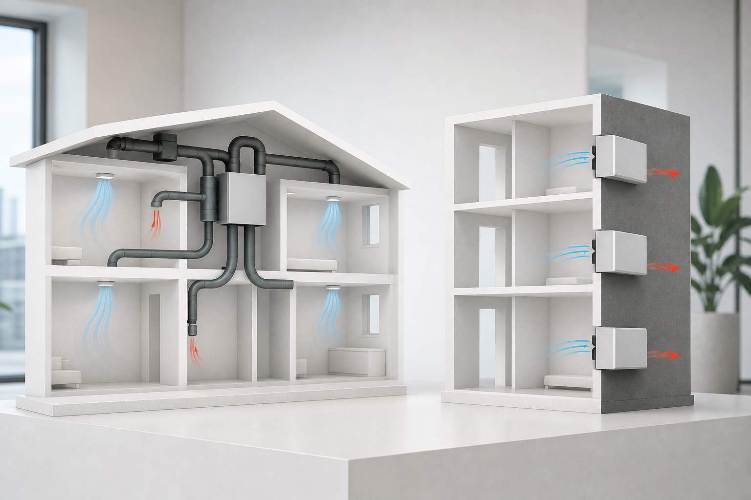 Schematische Gegenüberstellung einer zentralen und einer dezentralen Lüftung