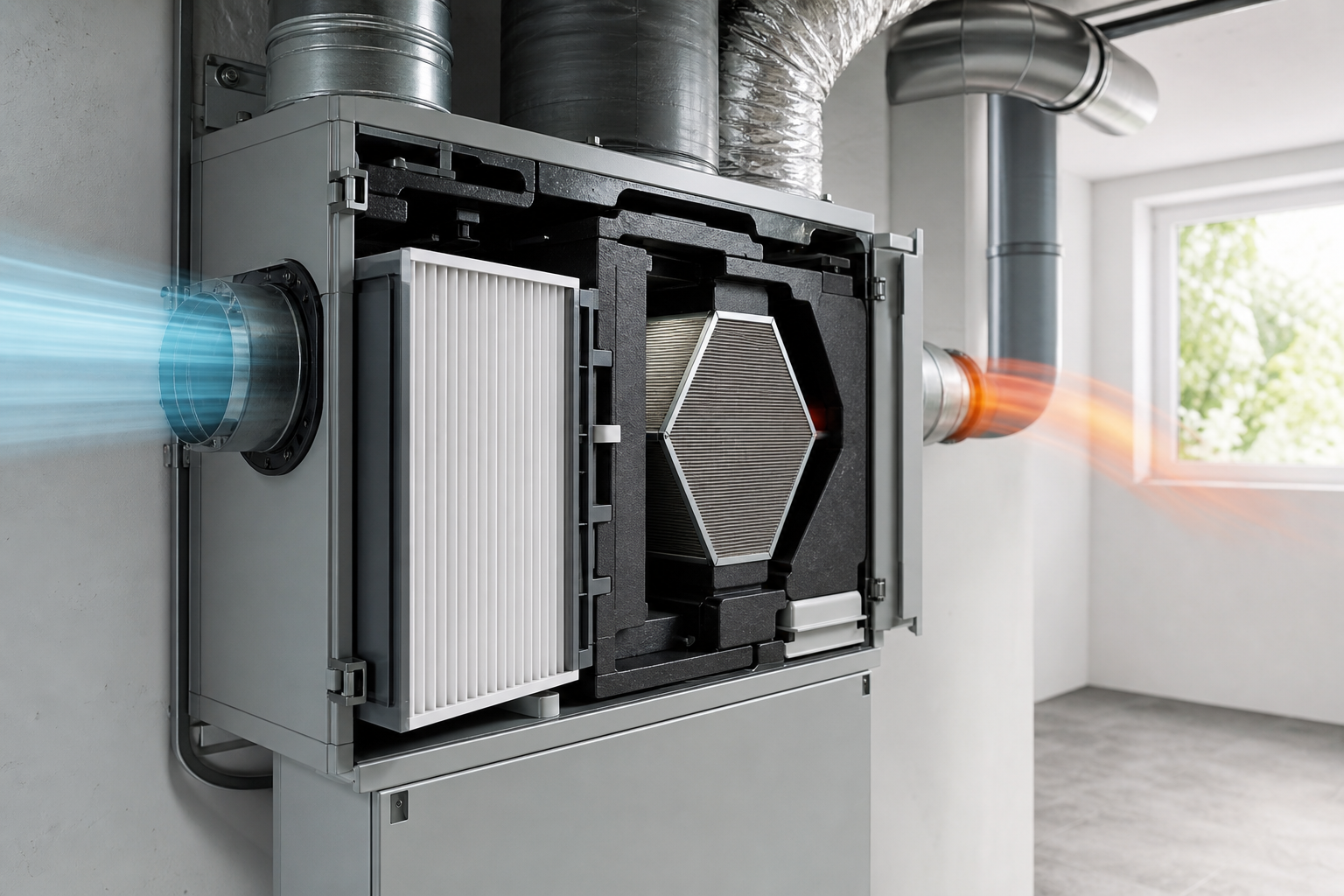 Filter und Luftführung einer zentralen Wohnraumlüftung im Technikraum