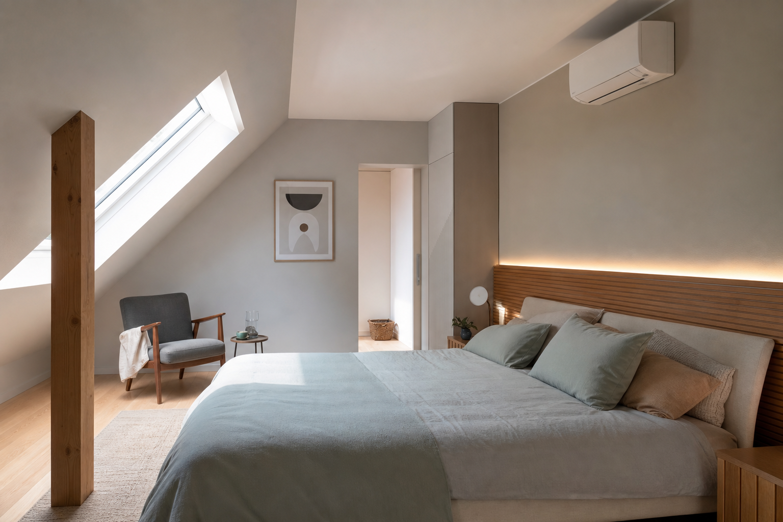 Dezent montierte Klimaanlage in einem ruhigen Schlafzimmer