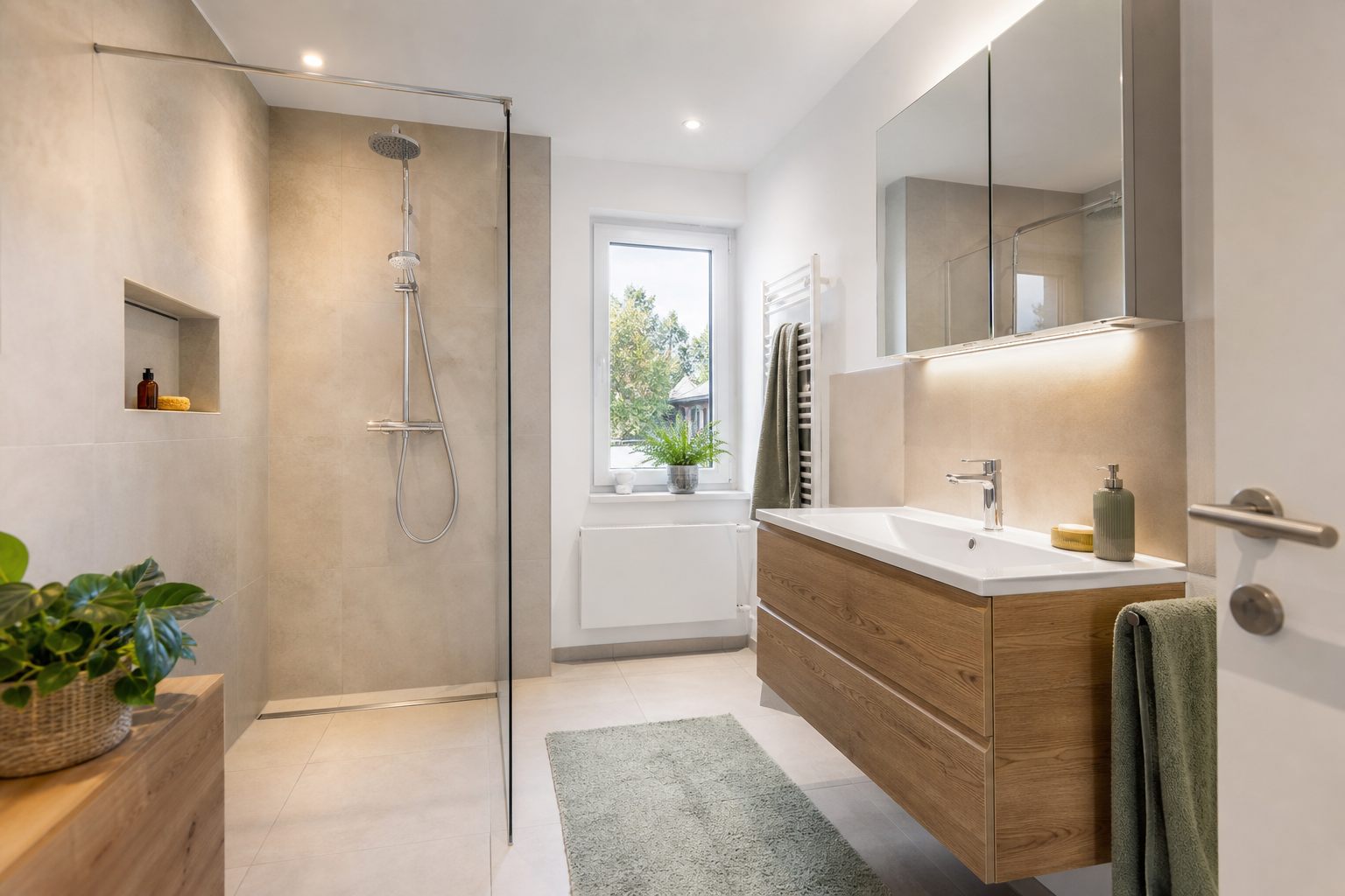 Modernisiertes Badezimmer mit bodengleicher Dusche und funktionaler Ausstattung