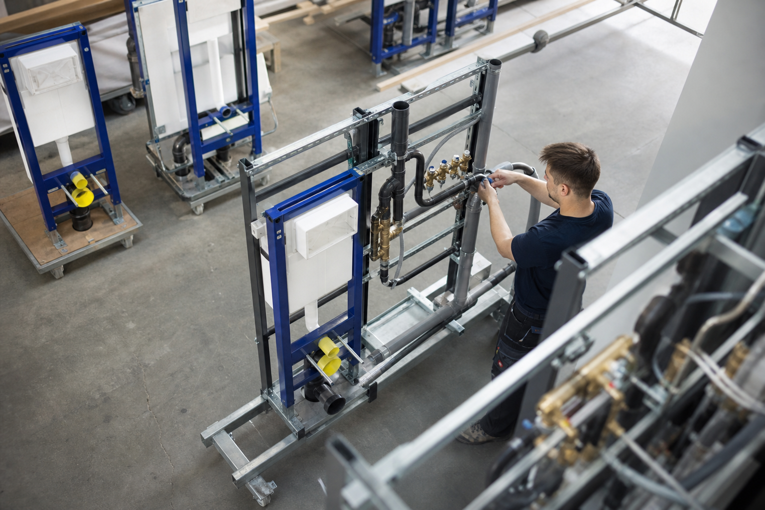 Sanitärfachkraft bereitet eine vorgefertigte Installationsgruppe für den Wohnungsbau vor