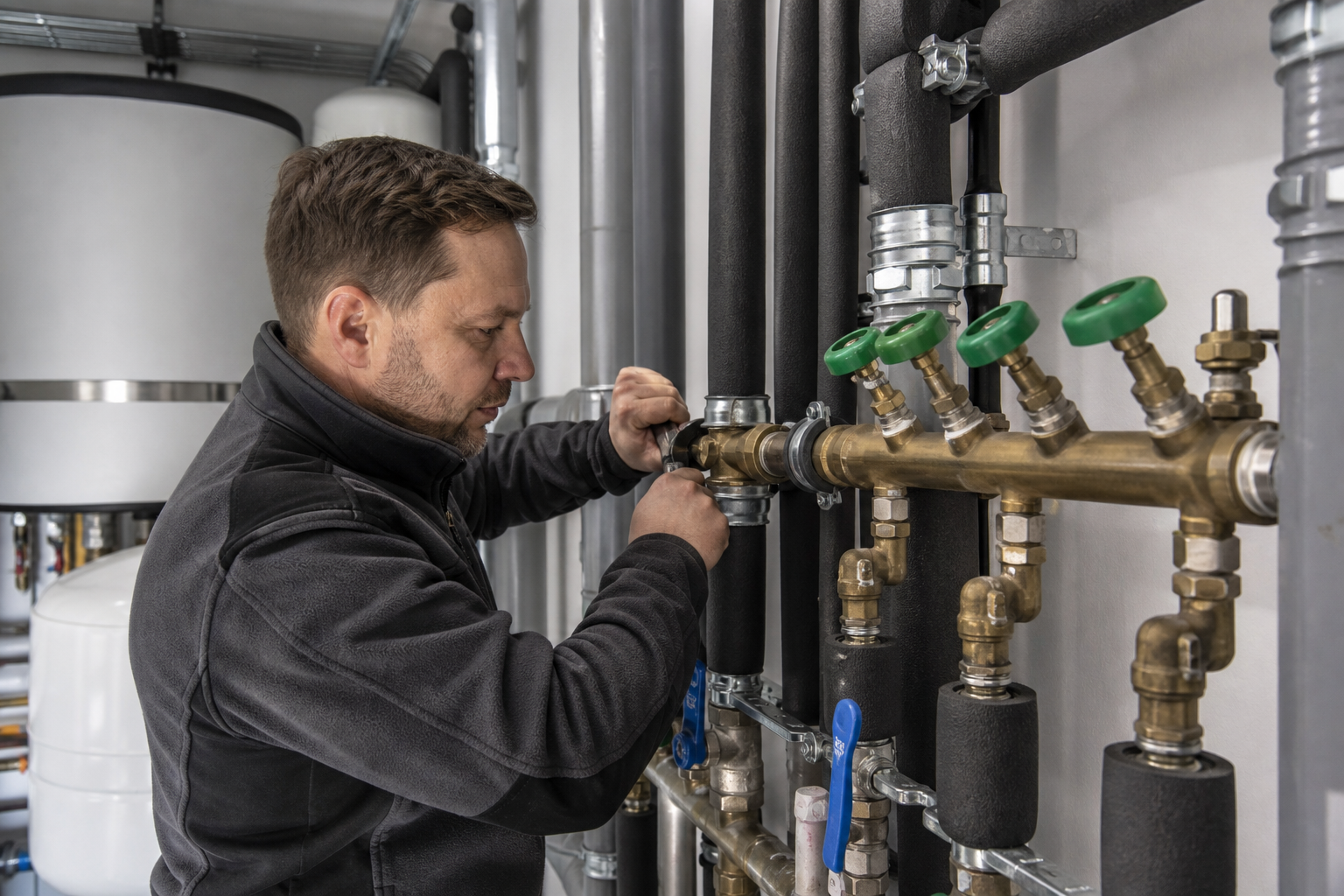 Installierte Trinkwasserleitungen mit Armaturen und Dämmung im Technikbereich