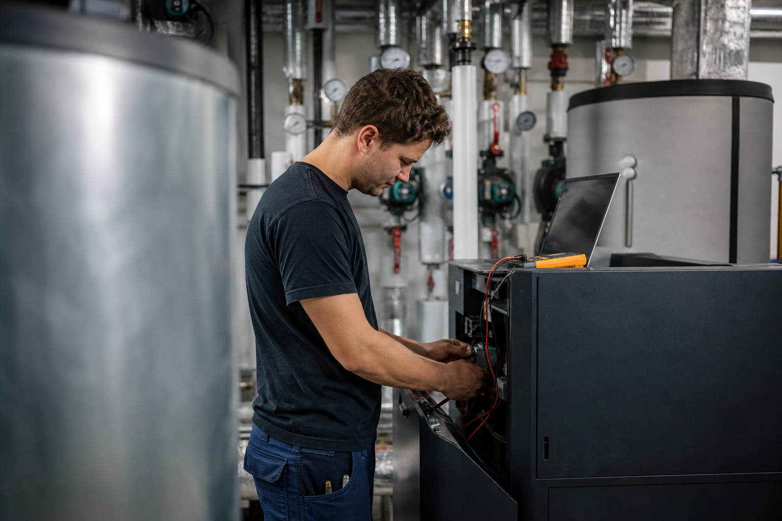 Mitarbeiter von Martin Bruch bei einer realen Arbeitssituation in der Gebäudetechnik