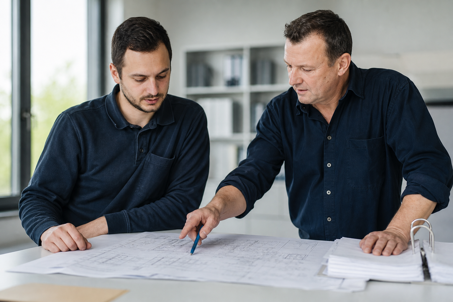 Mitarbeiter stimmen technische Unterlagen für ein Gebäudetechnikprojekt ab