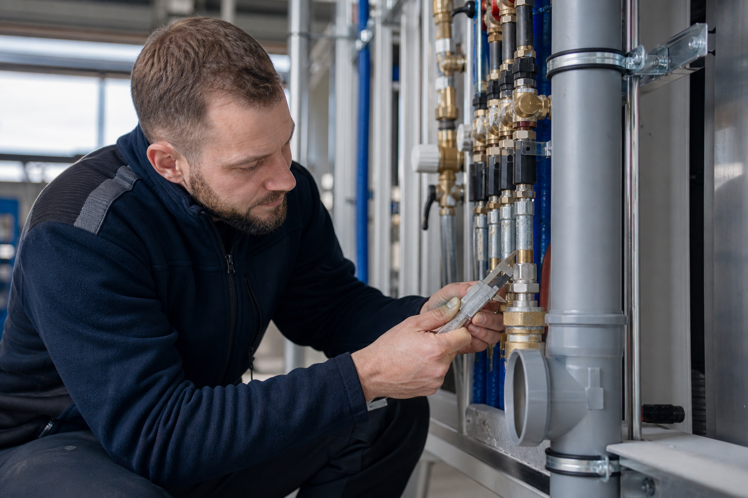Fachkraft prüft Maße und Ausführung eines vorgefertigten Installationsstrangs.