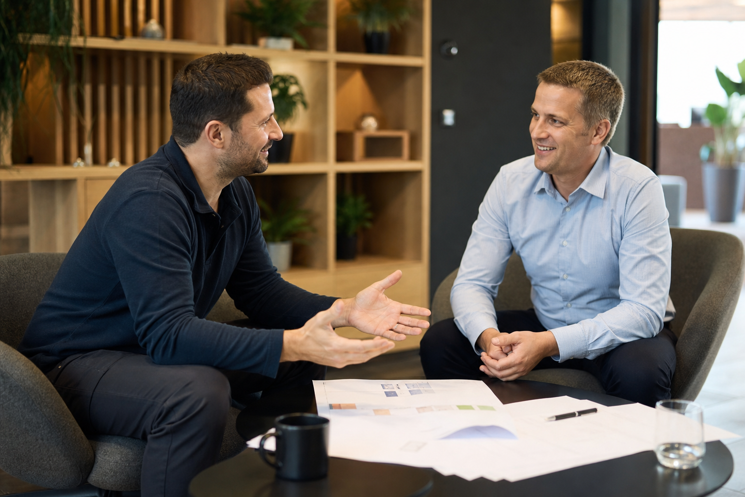 Fachberater und Auftraggeber besprechen ein Vorfertigungsprojekt.