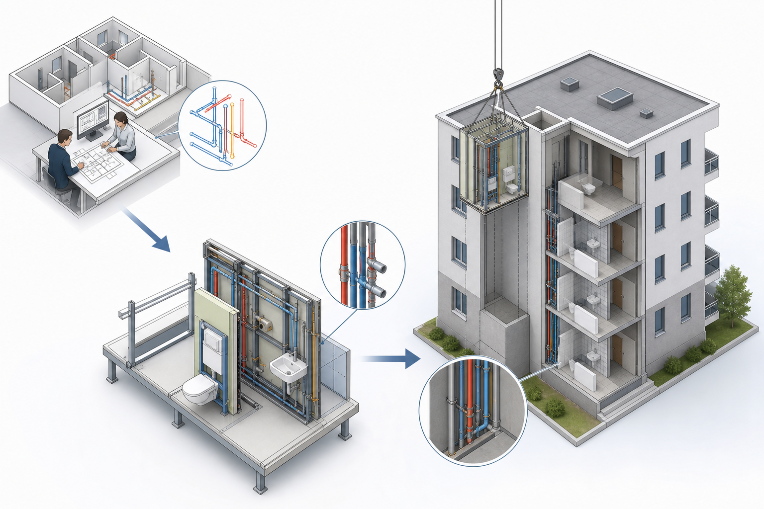 Schematische Darstellung des Wegs von der Planung über die Vorfertigung bis zur Montage.