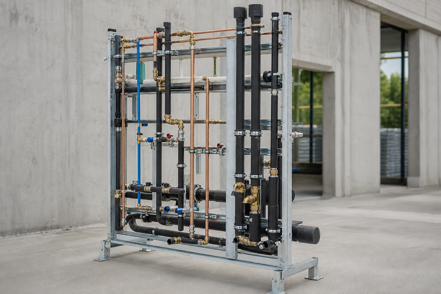 Vorgefertigter Installationsstrang mit geordneten Leitungen für mehrere sanitäre Funktionen.