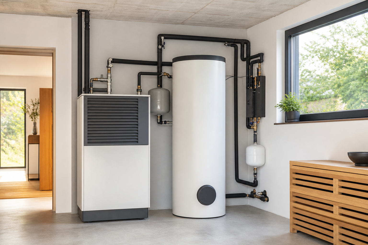Moderne Wärmepumpen-Inneneinheit mit Speicher und sauber verlegten Leitungen