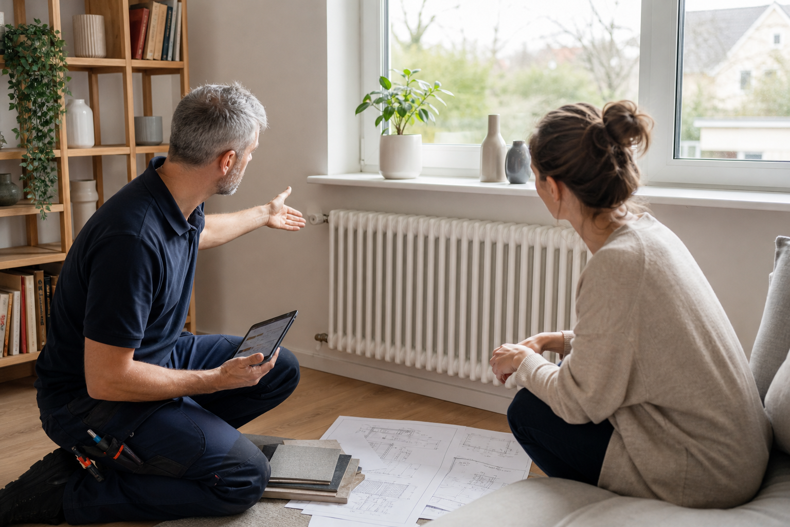 Heizkörper in einem modernisierten Wohnraum als mögliche Heizfläche für eine Wärmepumpe