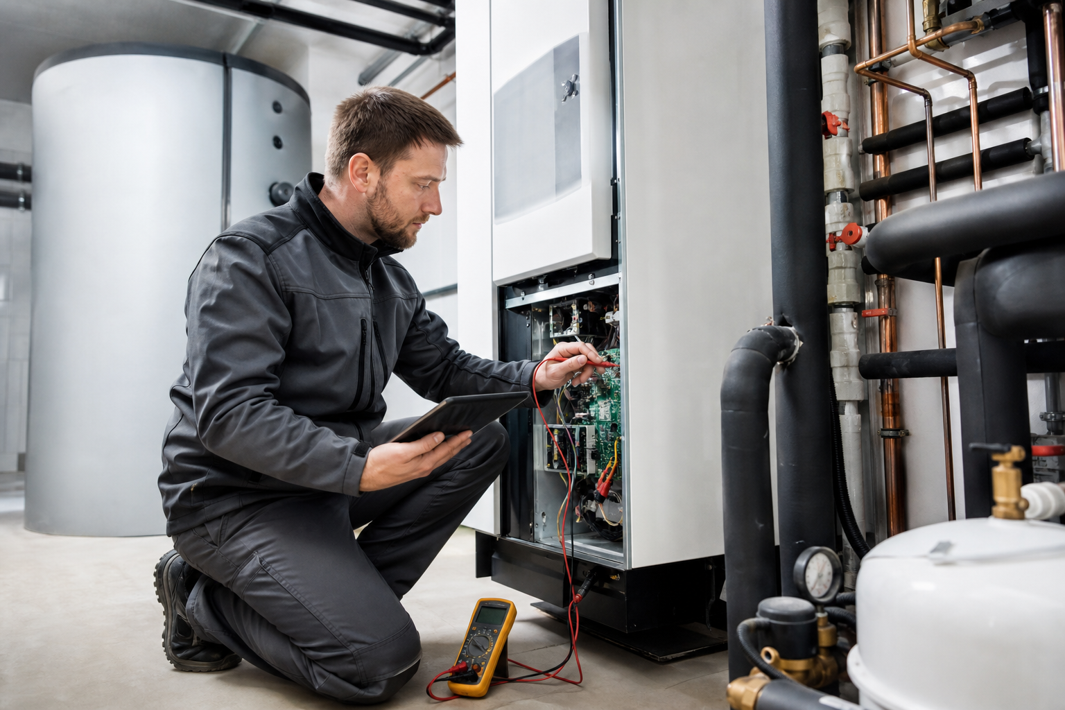 Servicetechniker bei der Prüfung einer Wärmepumpenanlage