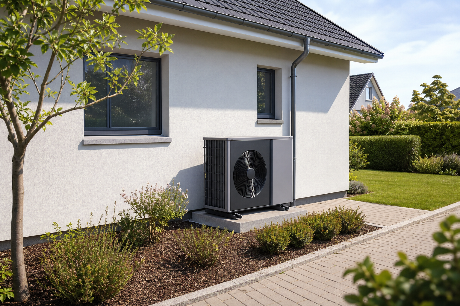 Sorgfältig geplanter Aufstellort einer Luft-Wasser-Wärmepumpe am Einfamilienhaus