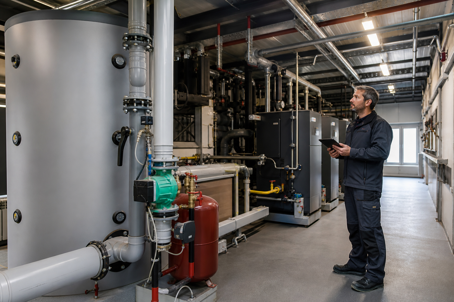 Fachkraft betreut die Gebäudetechnik in einer größeren Heizzentrale