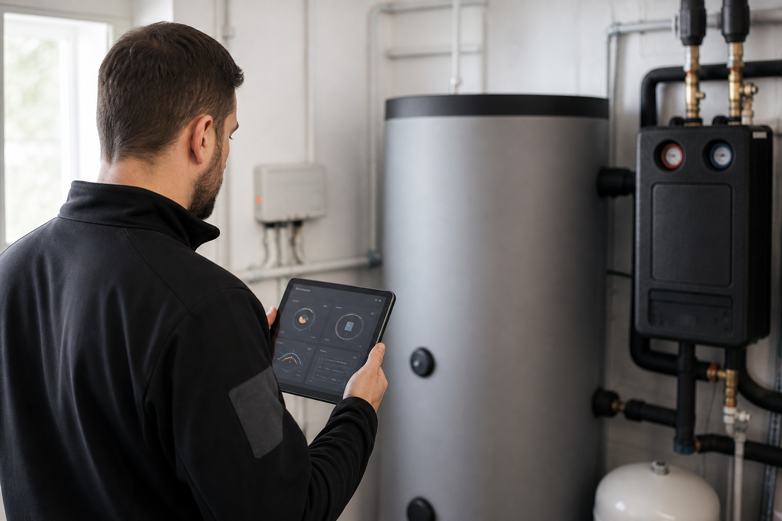 Techniker überprüft die Einstellungen einer Wärmepumpenanlage