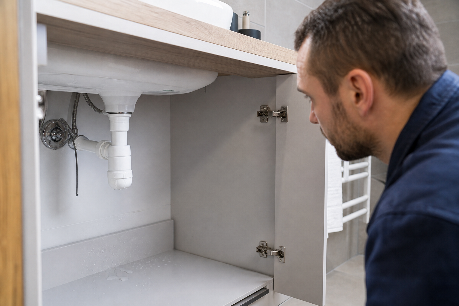 Techniker beurteilt eine sichtbare Leckage an einer Sanitärleitung