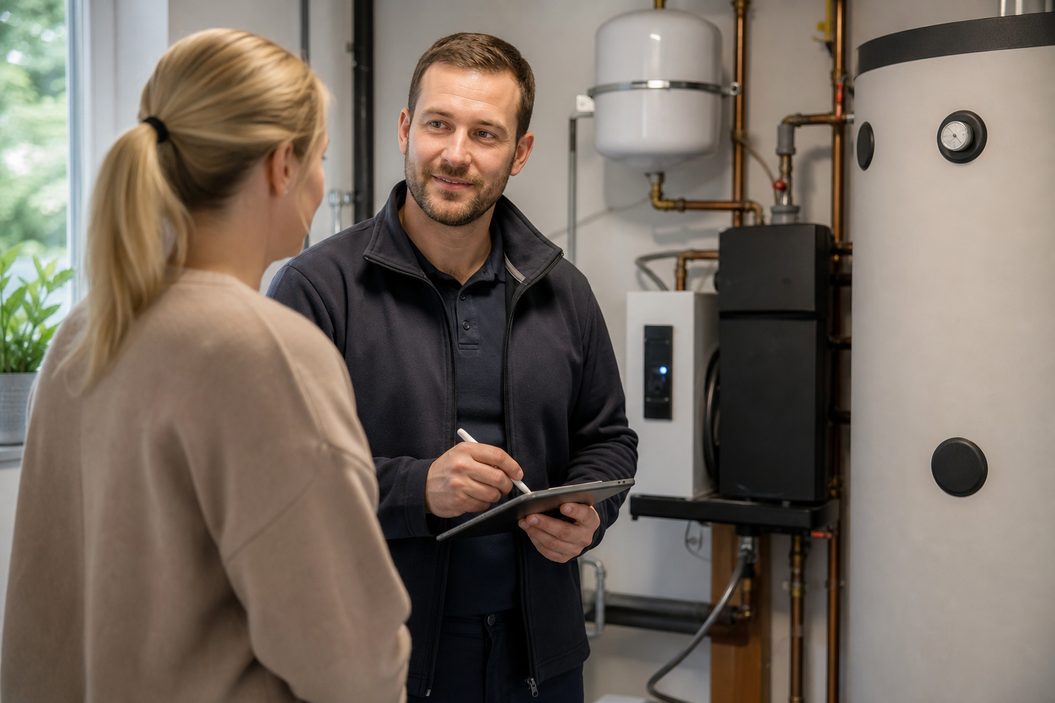 Servicetechniker bespricht das Anliegen einer Kundin im Heizungsraum