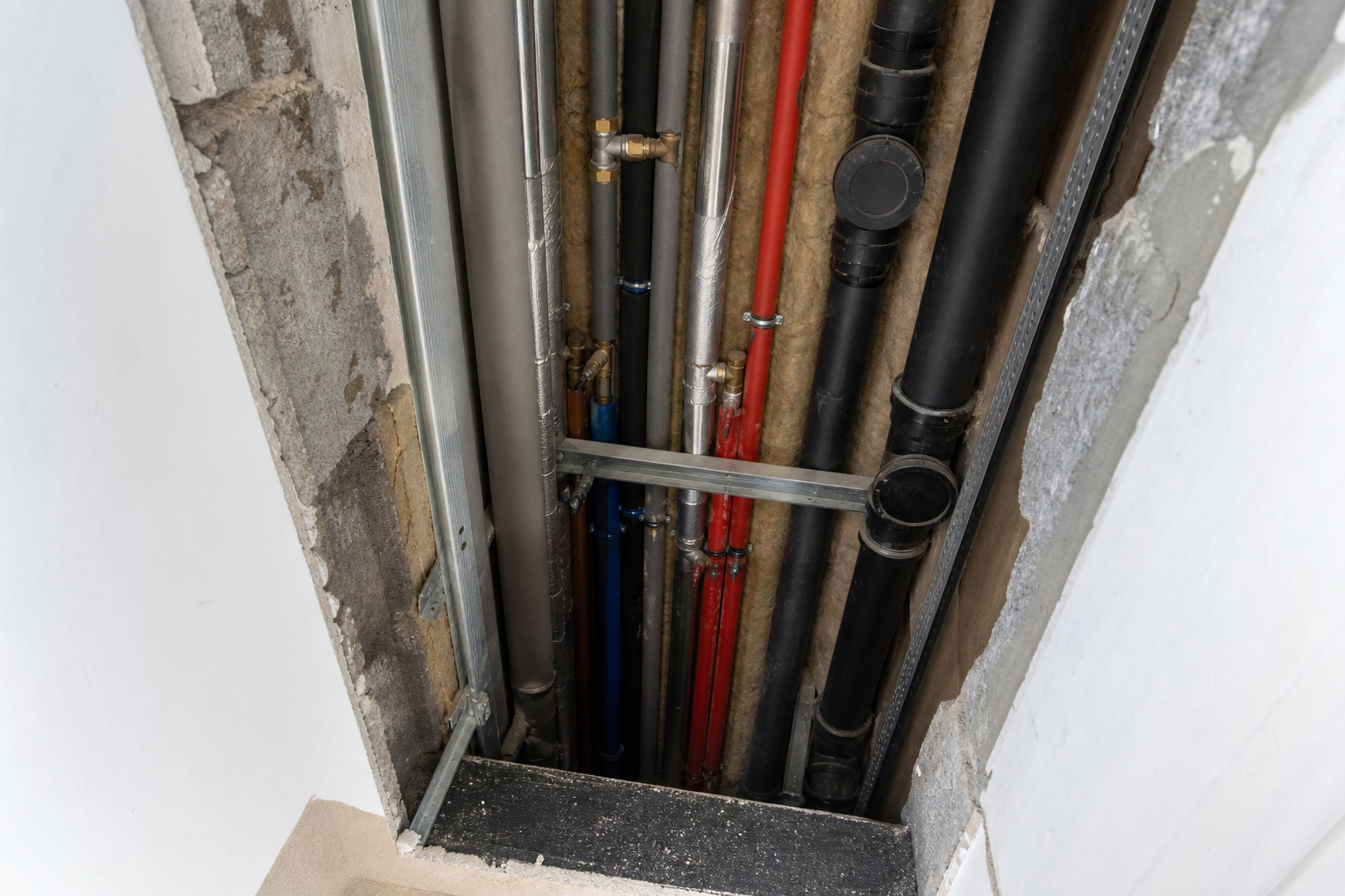 Sanitärleitungen und Steigleitungen in einem mehrgeschossigen Installationsschacht
