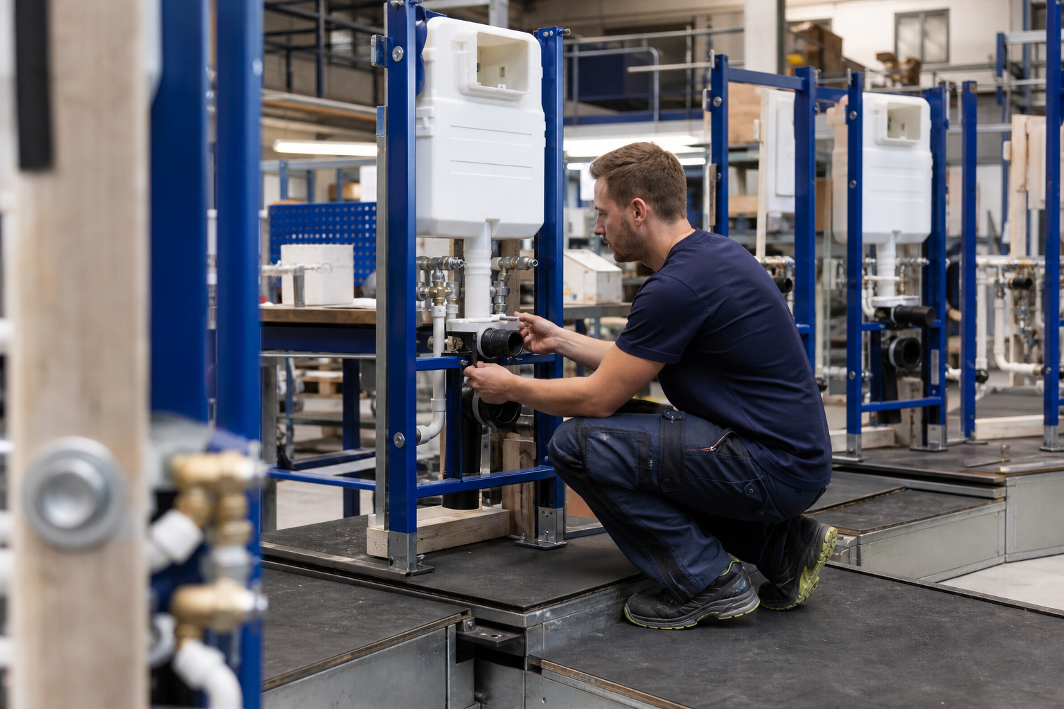 Vorgefertigte sanitärtechnische Installationsgruppen in einer Werkhalle