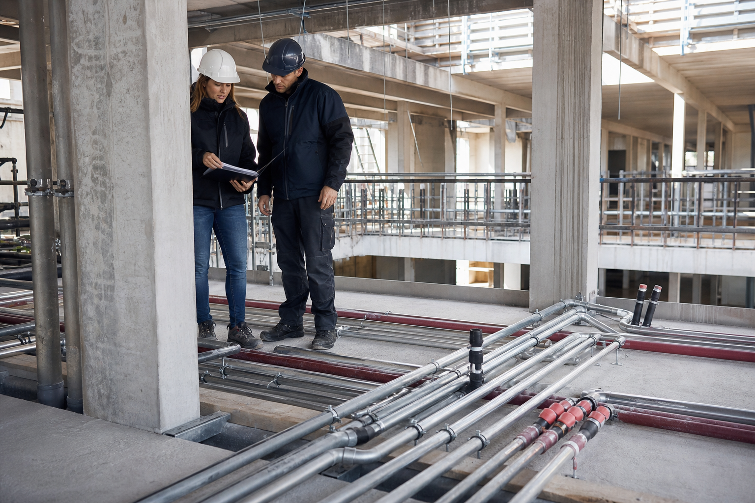 Technische Bauleitung koordiniert Montageabläufe auf einer Wohnungsbaustelle