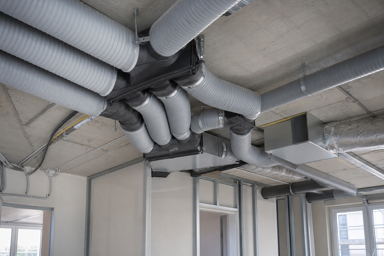 Luftleitungen einer geplanten Lüftungsinstallation im Wohnungsneubau