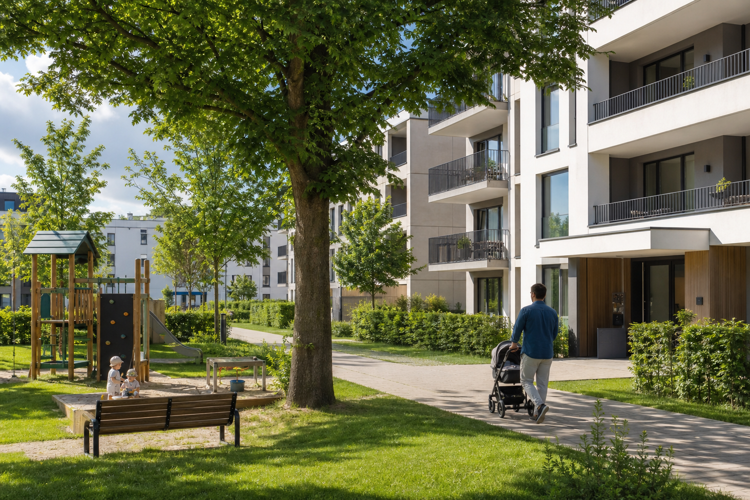 Fertiggestellte moderne Wohnanlage mit gestaltetem Eingangsbereich