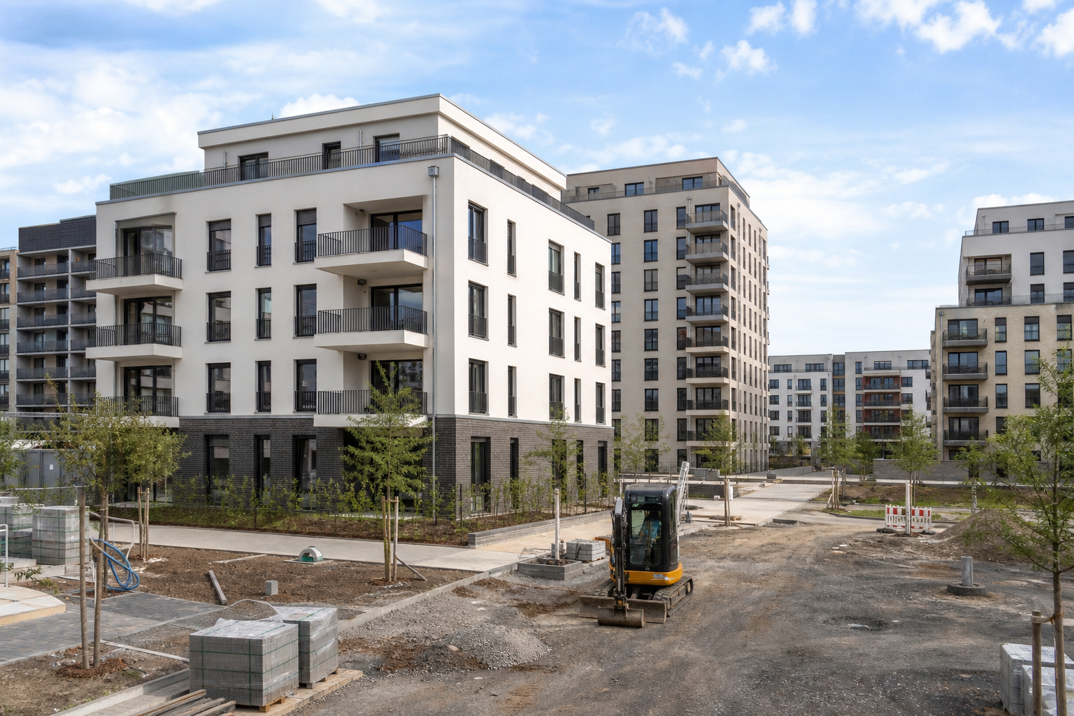 Moderne Wohnanlage mit mehreren Mehrfamilienhäusern als Beispiel für ein größeres Wohnungsbauprojekt